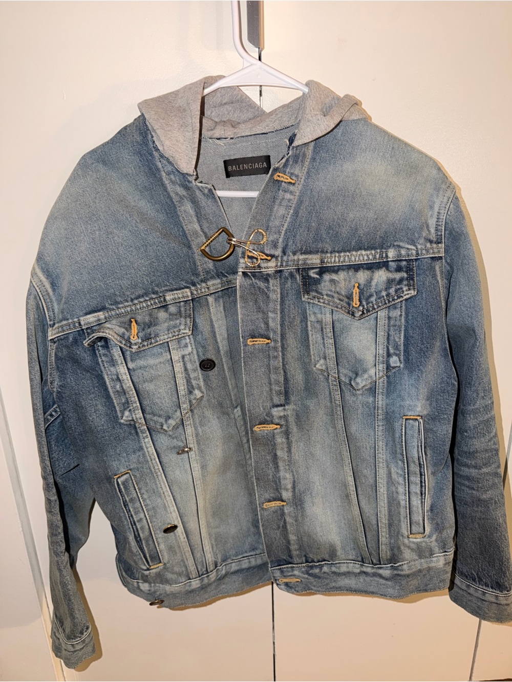 Balenciaga Light Blue Denim Jacket with Grey Hoodie